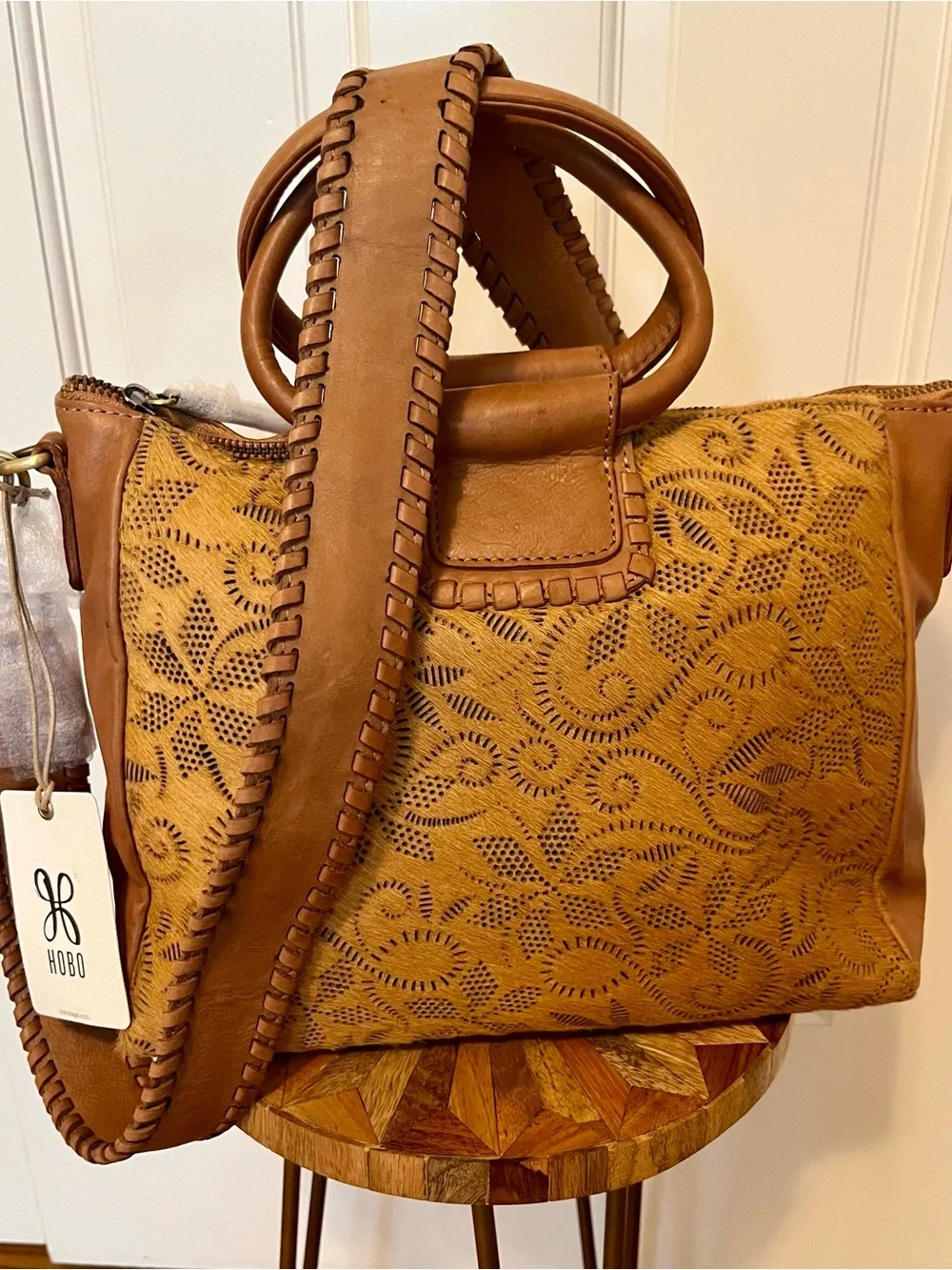 HOBO International Medium Shelia Tan Laser-Cut Leather Satchel with Top Handles